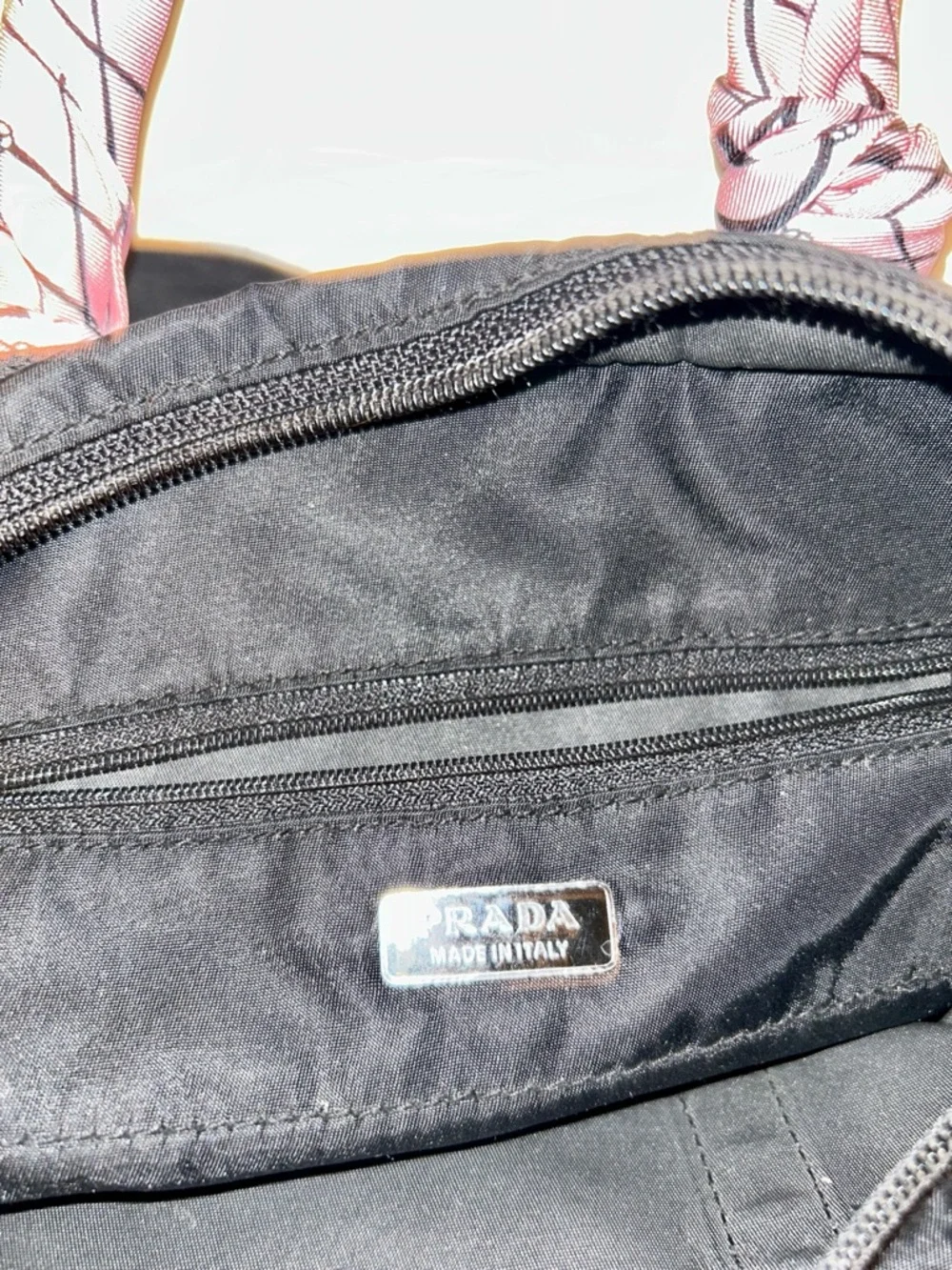 Prada Black Nylon Tote with Pink Scarf-Detail Handles - Picture 12 of 12